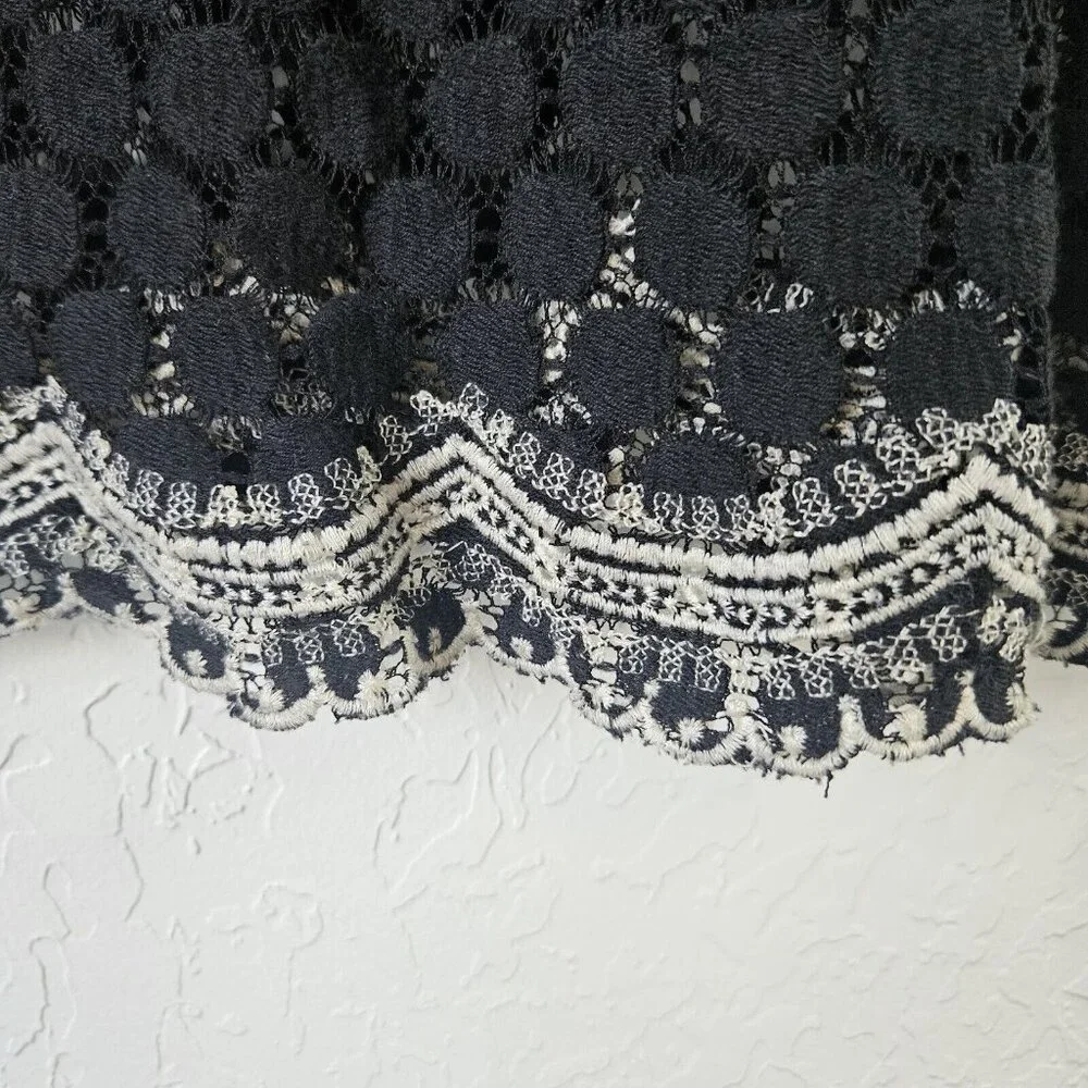 Womens Black Lace Dot Sheer  Blouse Sz Lg Fairy Grunge Goth Witchy Boho Office